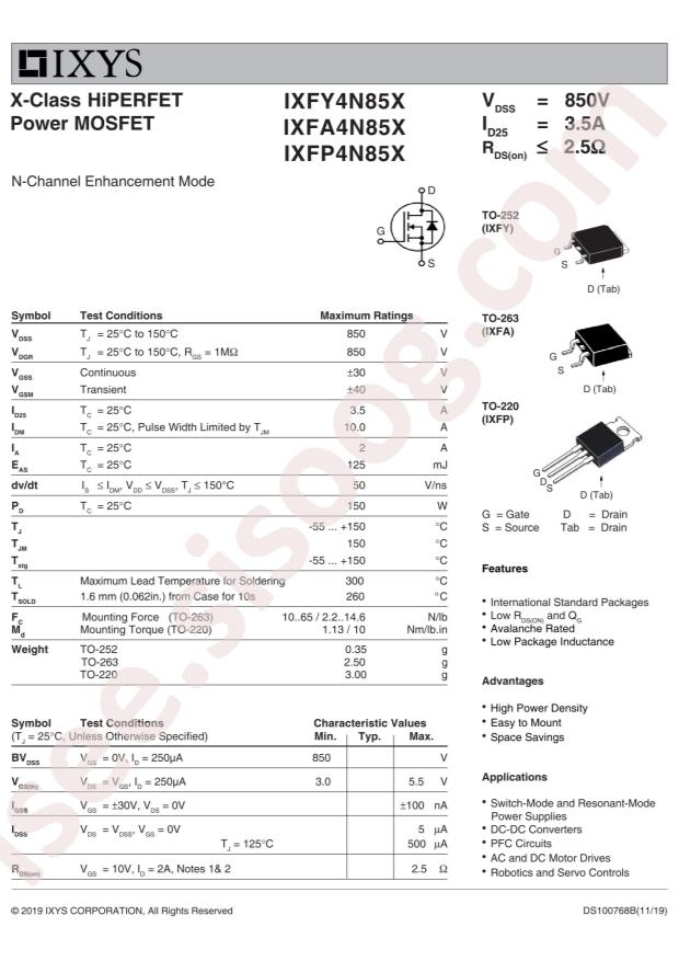 Littelfuse/IXYS IXFP4N85X