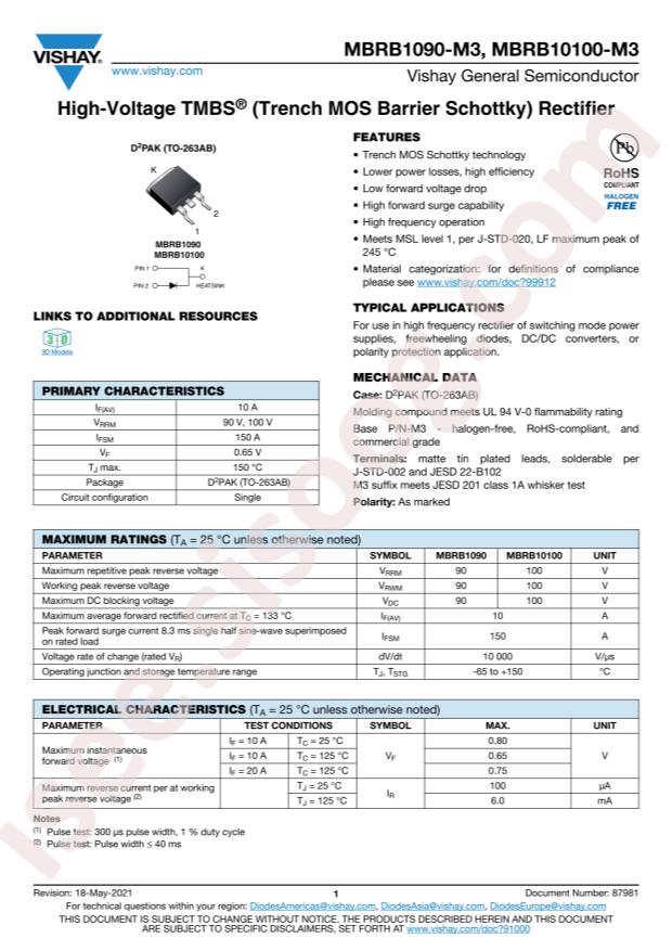 VISHAY MBRB10100-E3/4W