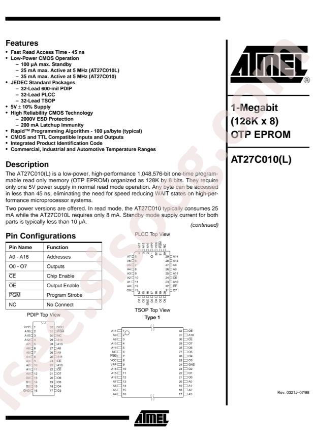 MICROCHIP AT27C010L-45JI