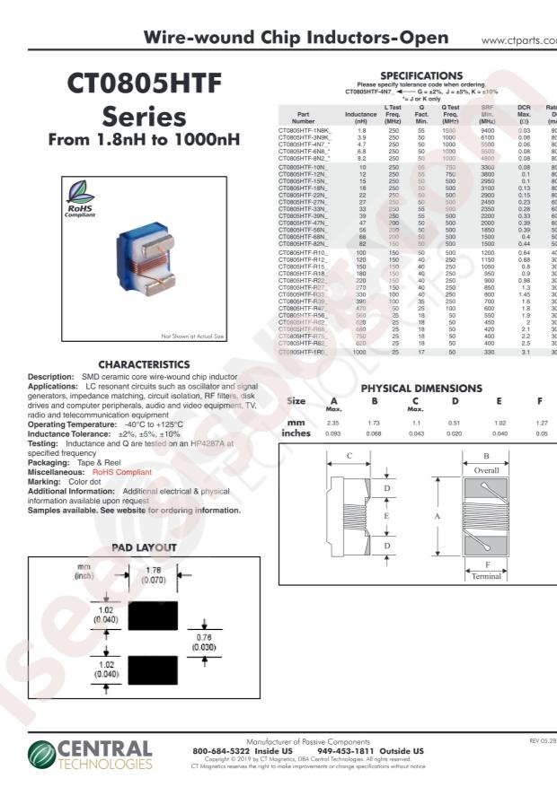 Central CT0805HTF-R10G