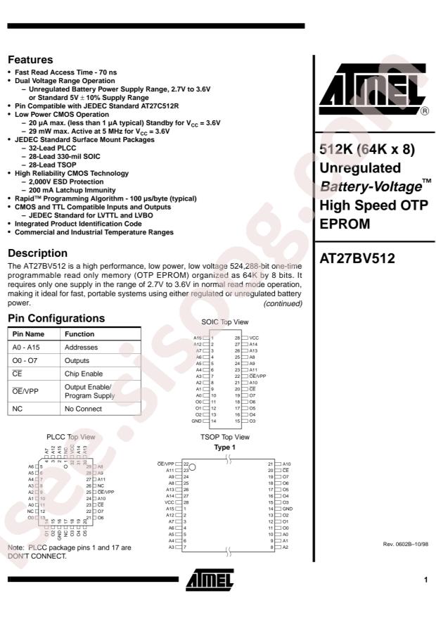 MICROCHIP AT27BV512-15RC