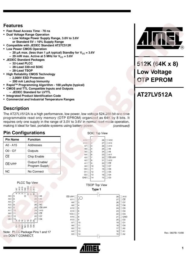 MICROCHIP AT27LV512A-70RI
