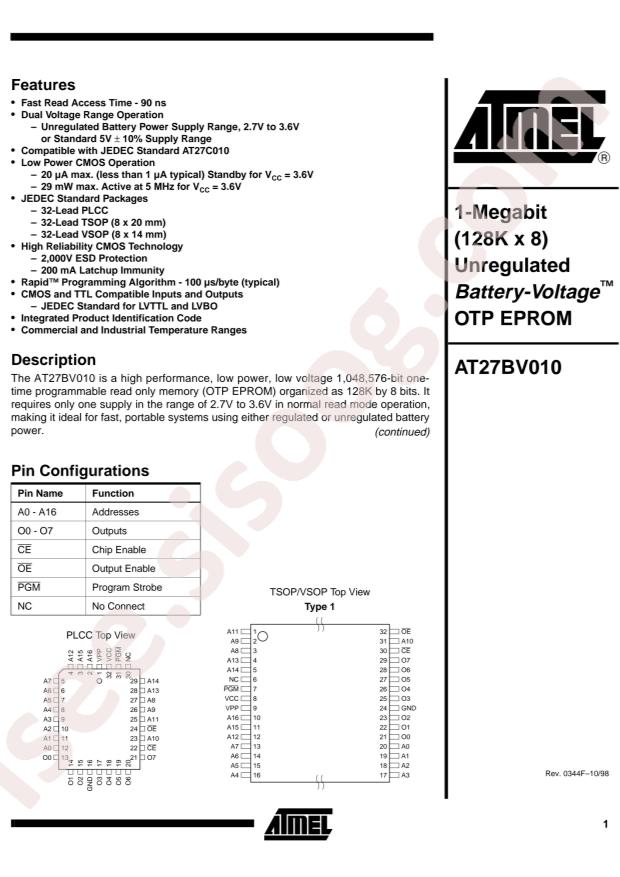 MICROCHIP AT27BV010-12TI