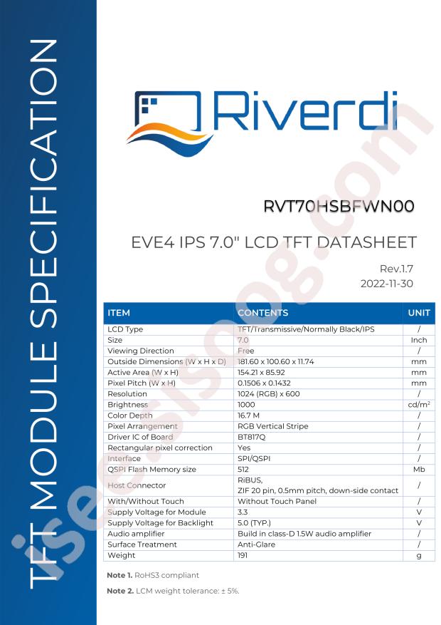 Riverdi RVT70HSBFWN00
