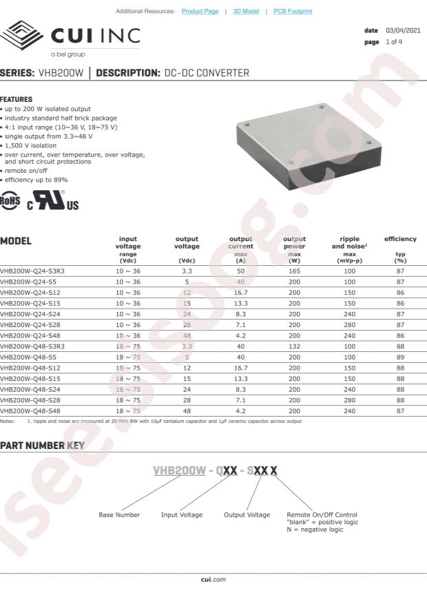 CUI VHB200W-Q24-S24