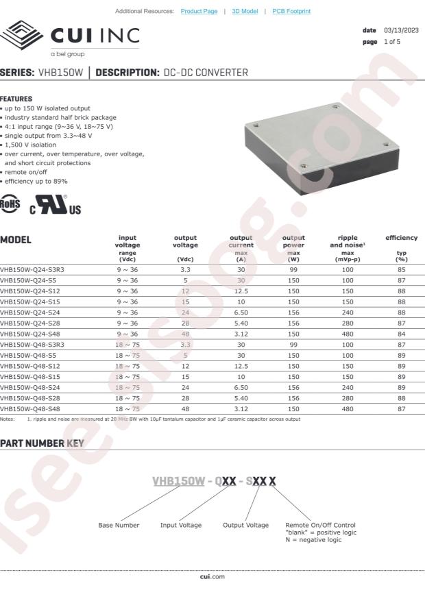 CUI VHB150W-Q48-S12