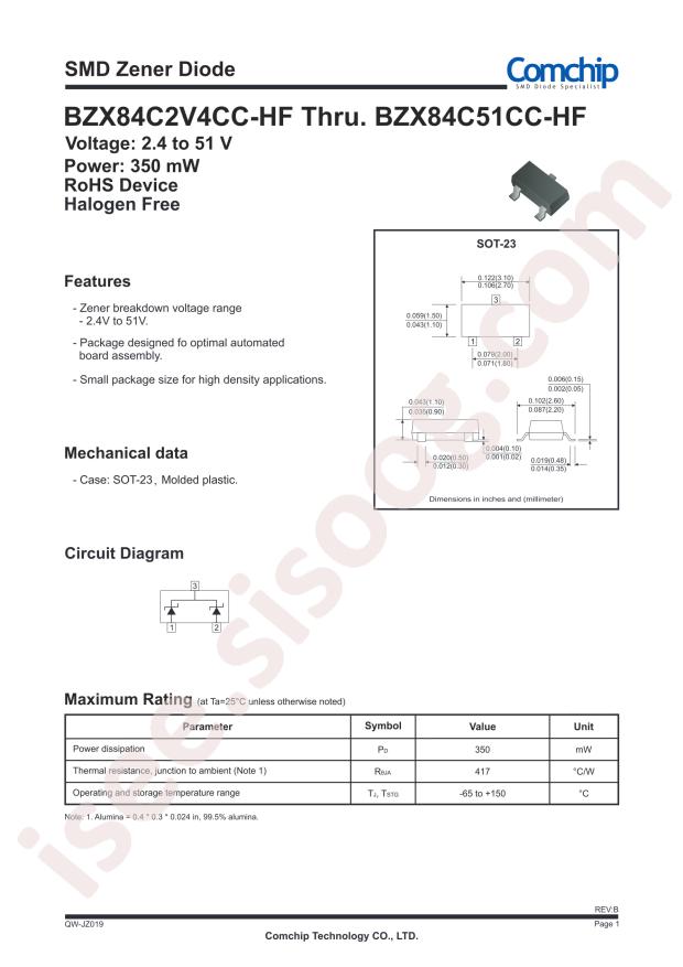 Comchip BZX84C4V3CC-HF