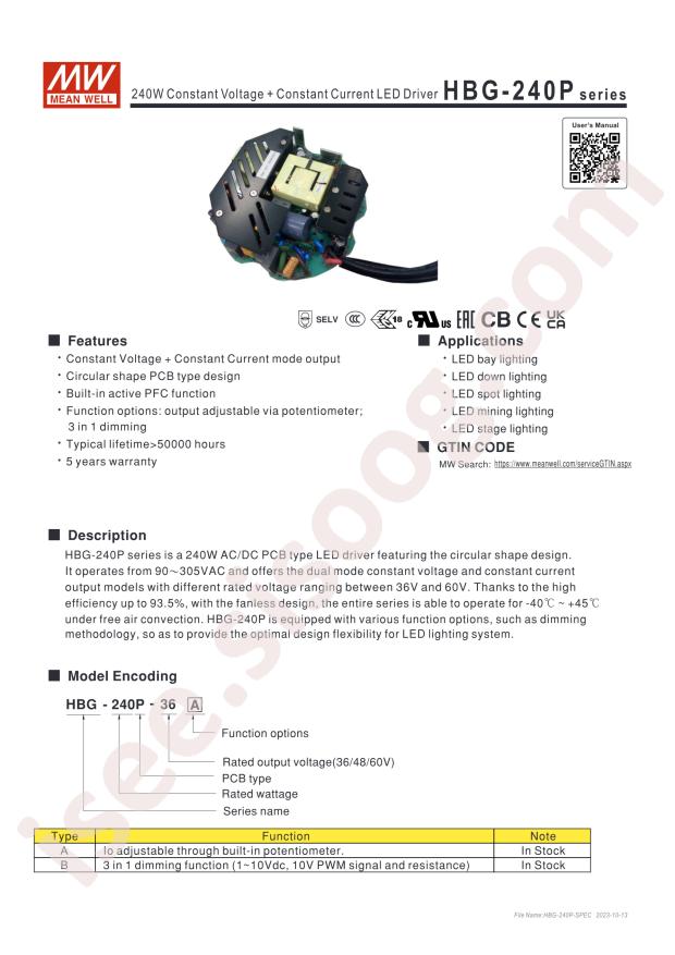 MEAN WELL HBG-240P-60B