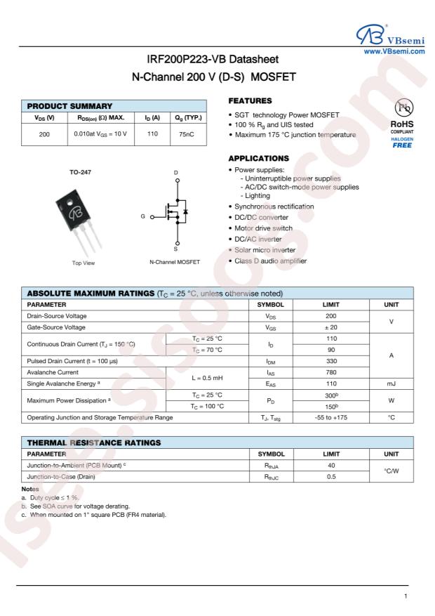 VBsemi Elec IRF200P223-VB
