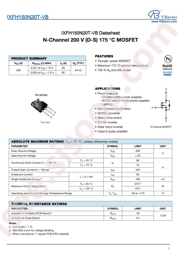 VBsemi Elec IXFH150N20T-VB