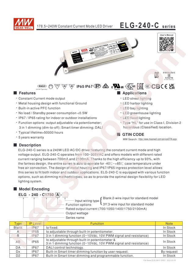 MEAN WELL ELG-240-C2100AB3Y
