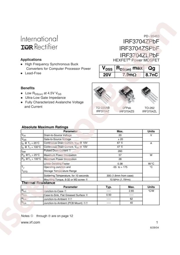 Infineon IRF3704ZSPBF