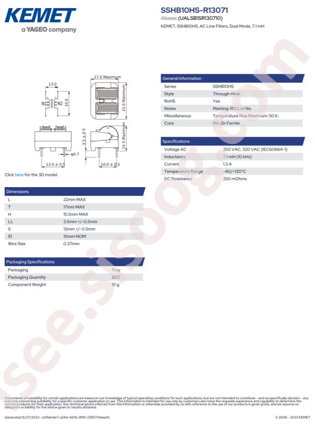 KEMET SSHB10HS-R13071