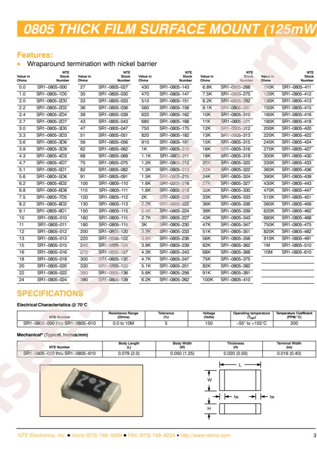NTE Electronics SR1-0805-1D0