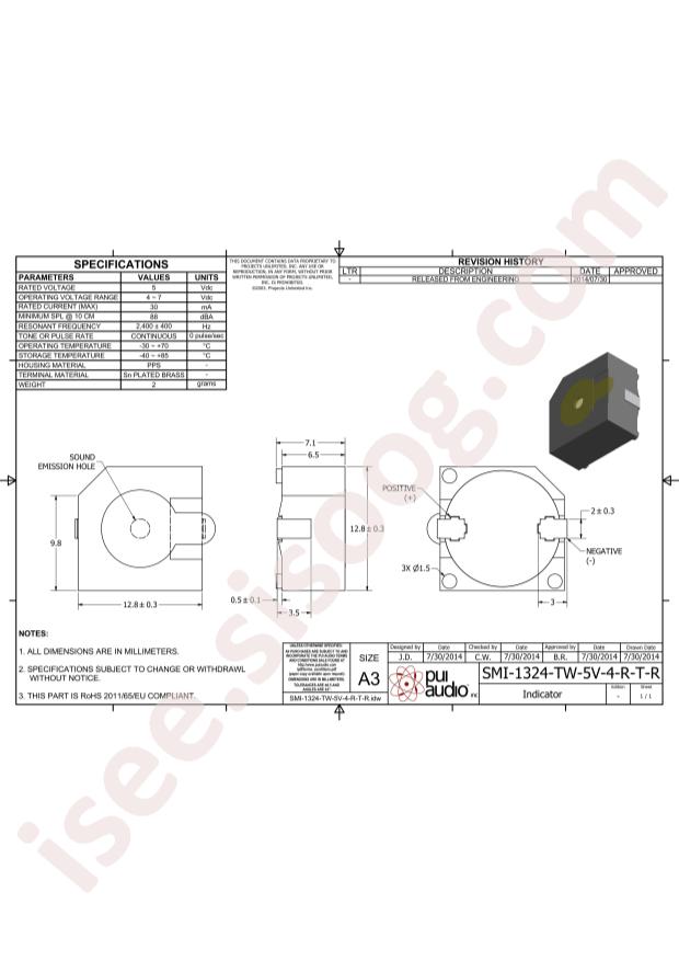 PUI Audio, Inc. SMI-1324-TW-5V-4-R-T/R