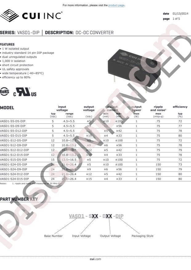 CUI VASD1-S12-D15-DIP