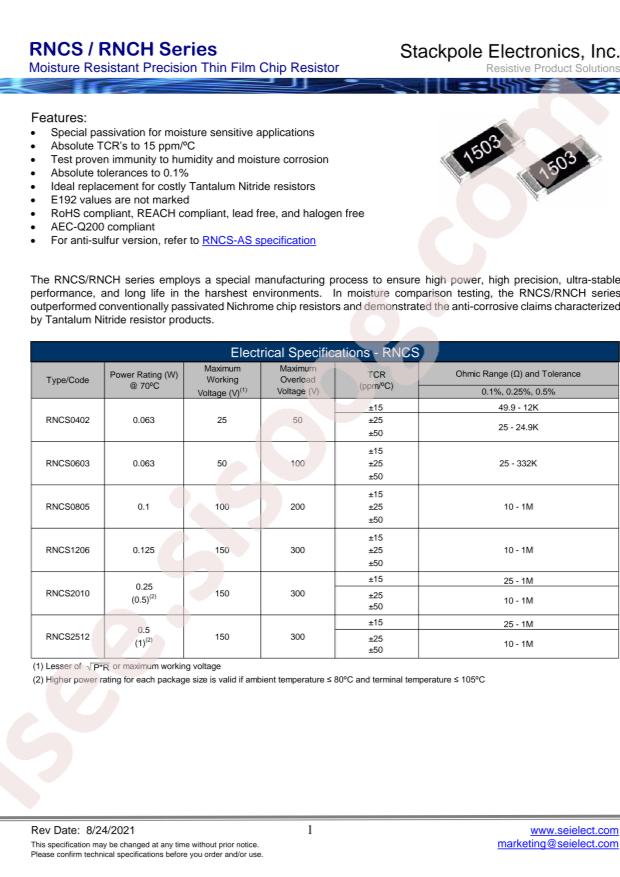 SEI(Stackpole Electronics Inc.) RNCS0603BKE1K50