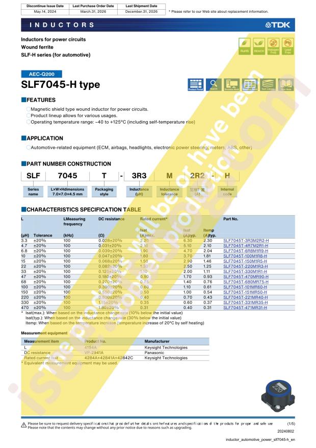 TDK SLF7045T-151MR50-H