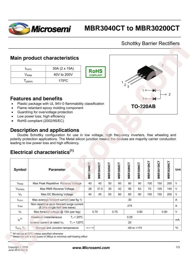MICROCHIP MBR30100CTE3/TU