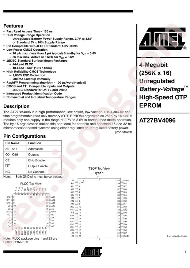 MICROCHIP AT27BV4096-12JI