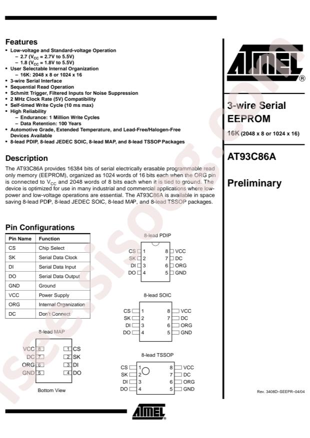 MICROCHIP AT93C86A-10TI-1.8