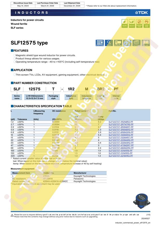 TDK SLF12575T-100M5R4-PF