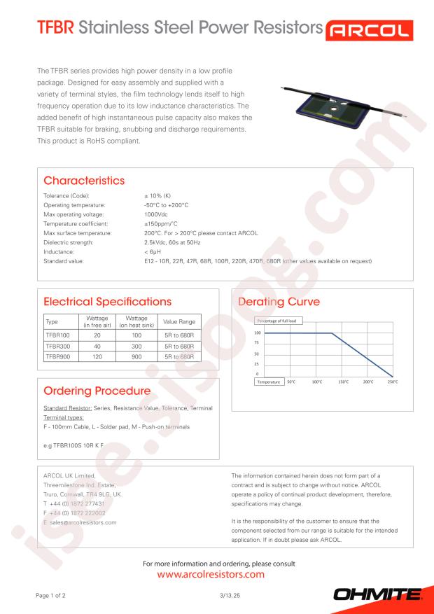 Ohmite TFBR300 47R K L