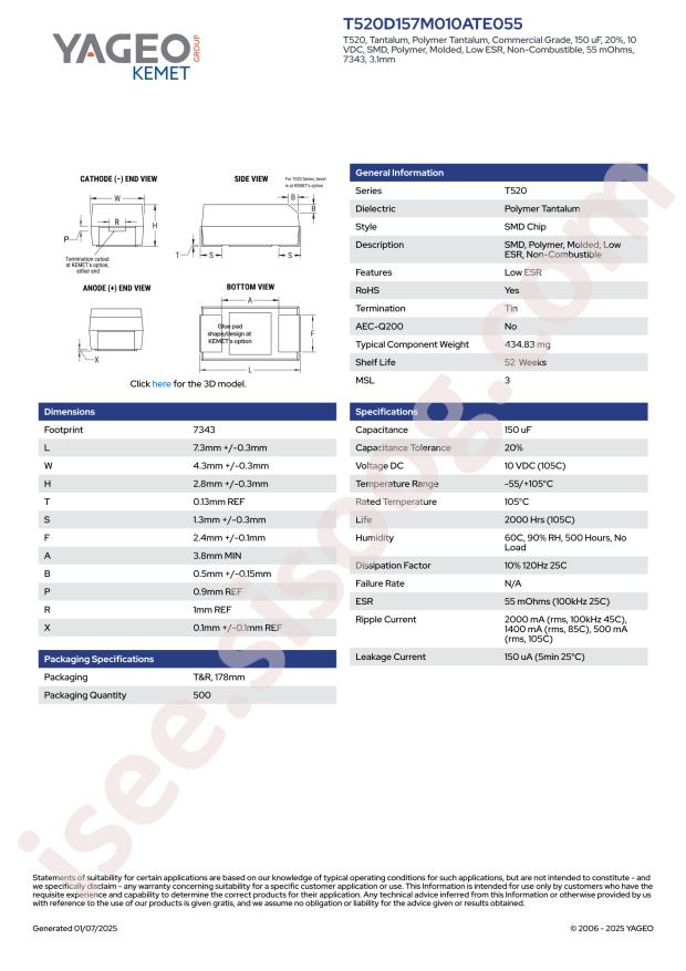 KEMET T520D157M010ATE055