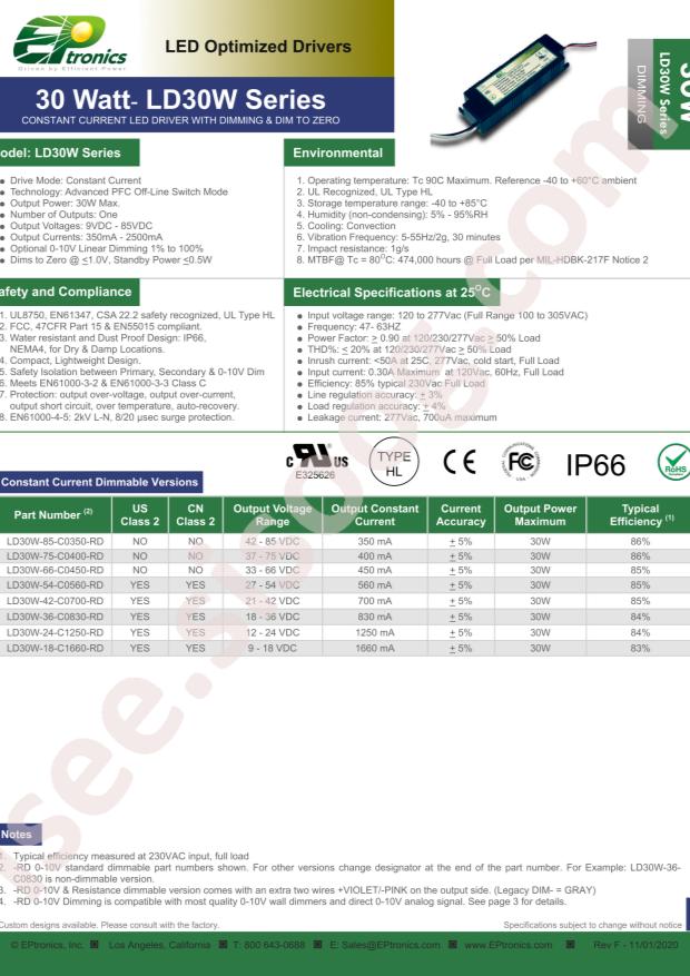 EPtronics, Inc. LD30W-85-C0350-RD