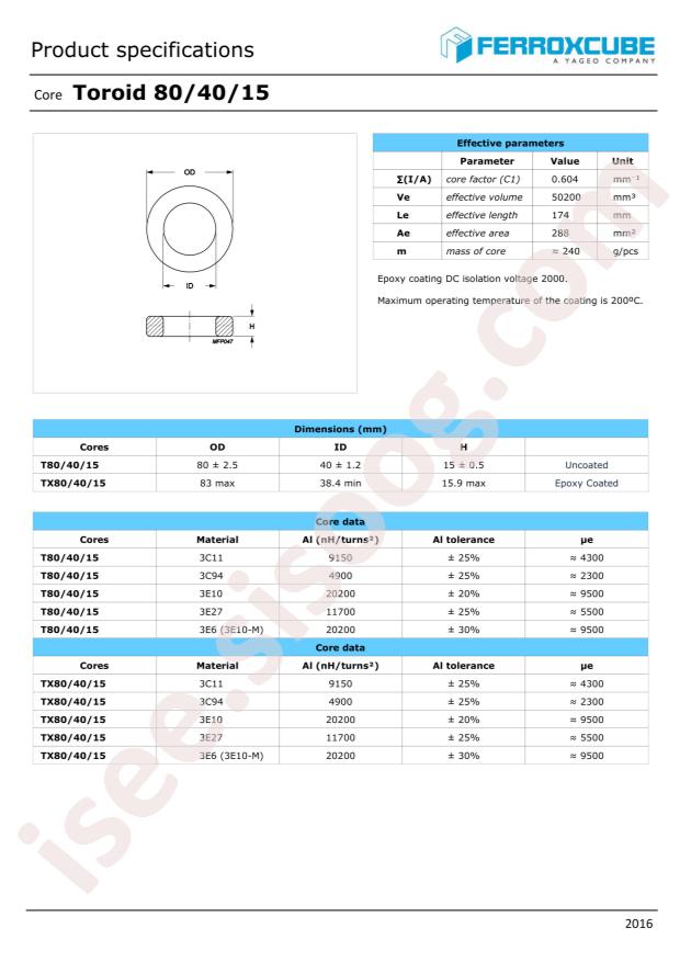 FERROXCUBE INC. T80/40/15-3C94