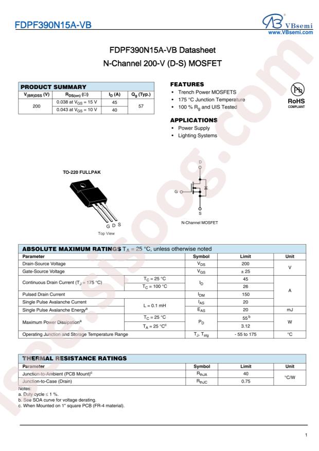 VBsemi Elec FDPF390N15A-VB