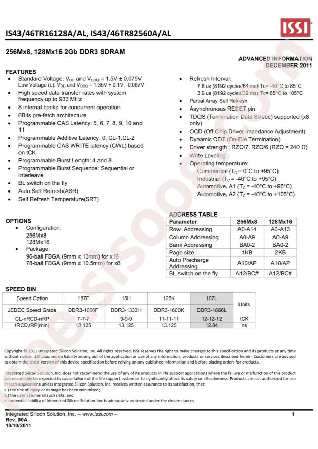 ISSI IS43TR16128AL-125KBL-TR