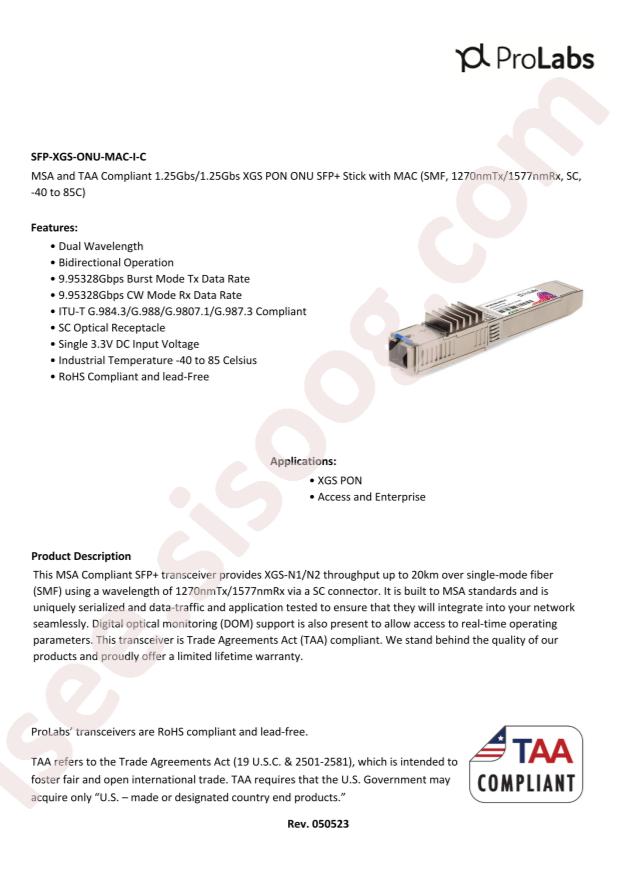 ProLabs SFP-XGS-ONU-MAC-I-C