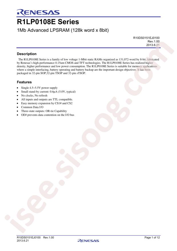 RENESAS R1LP0108ESA-5SI#B0