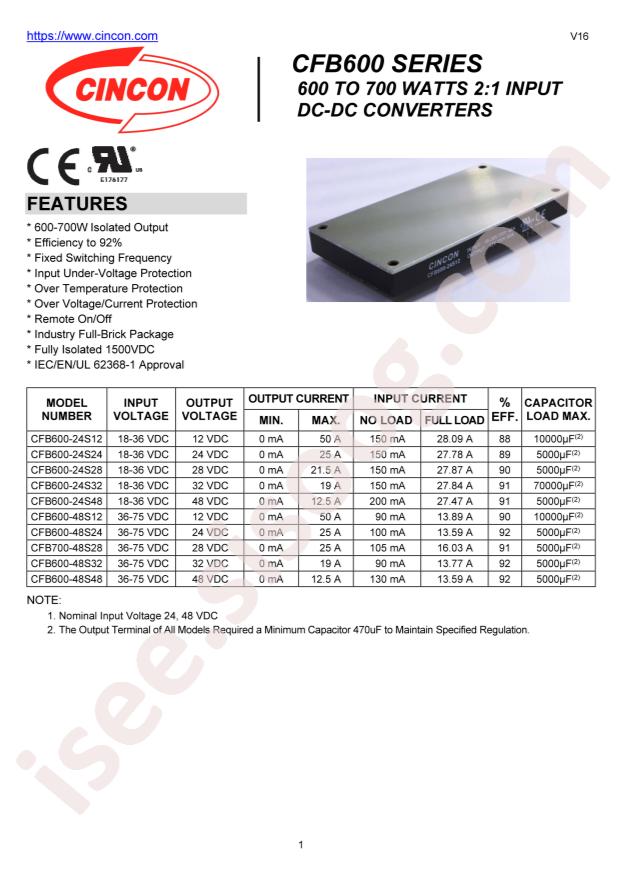 Cincon Electronics Co. LTD CFB600-48S12