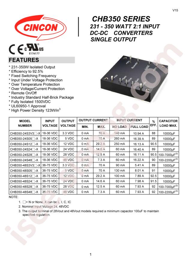 Cincon Electronics Co. LTD CHB350-48S3V3N
