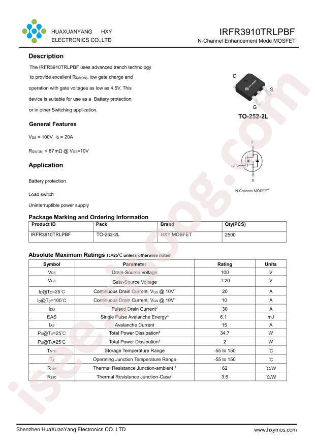 HXY MOSFET IRFR3910TRLPBF-HXY