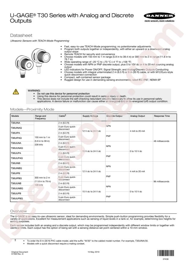 Banner Engineering T30UIPB W/30