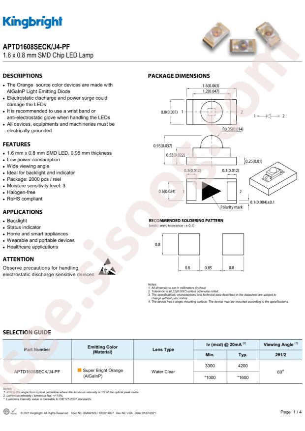 Kingbright APTD1608SECK/J4-PF