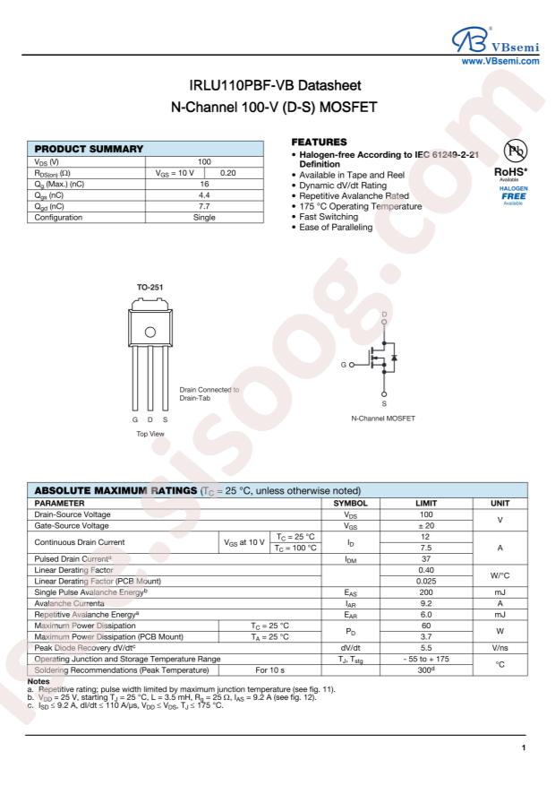VBsemi Elec IRLU110PBF-VB
