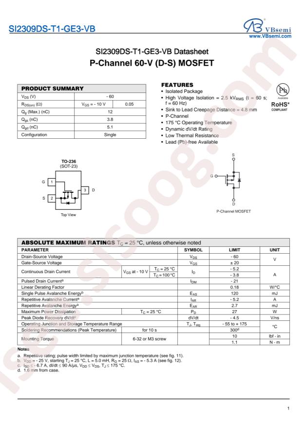 VBsemi Elec SI2309DS-T1-GE3-VB