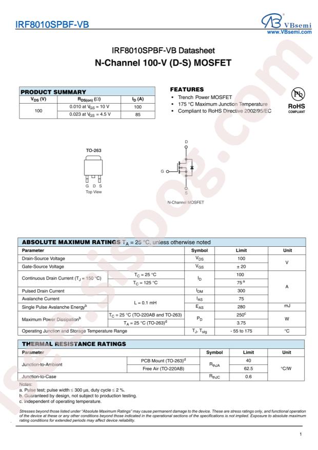 VBsemi Elec IRF8010SPBF-VB