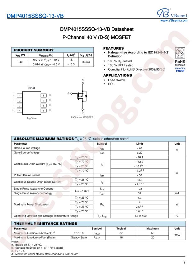 VBsemi Elec DMP4015SSSQ-13-VB