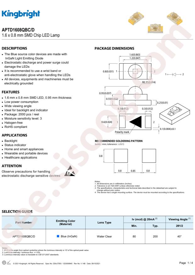 Kingbright APTD1608QBC/D