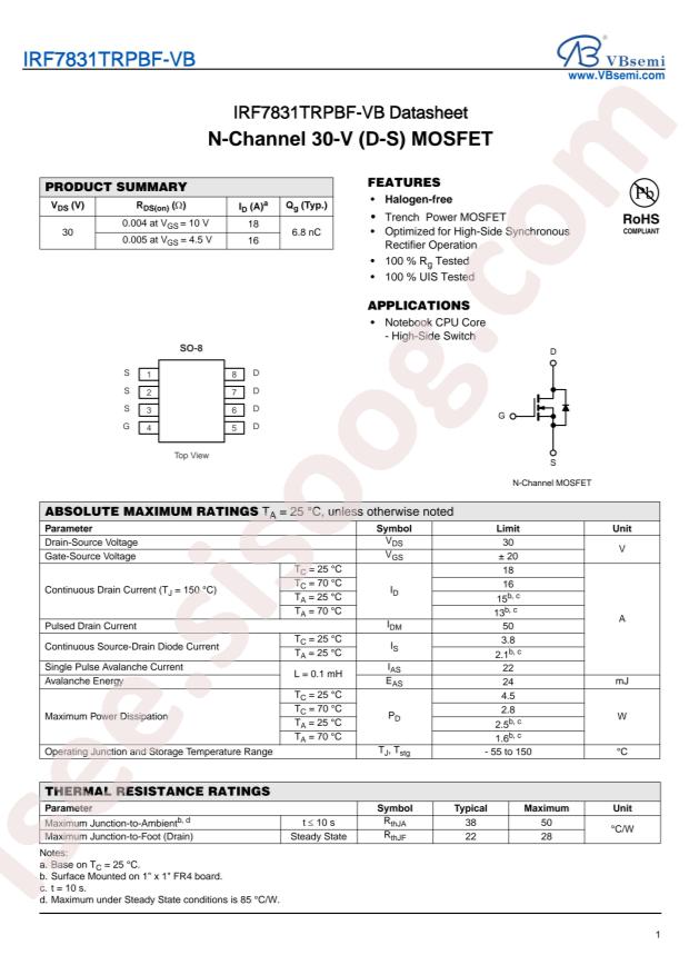 VBsemi Elec IRF7831TRPBF-VB