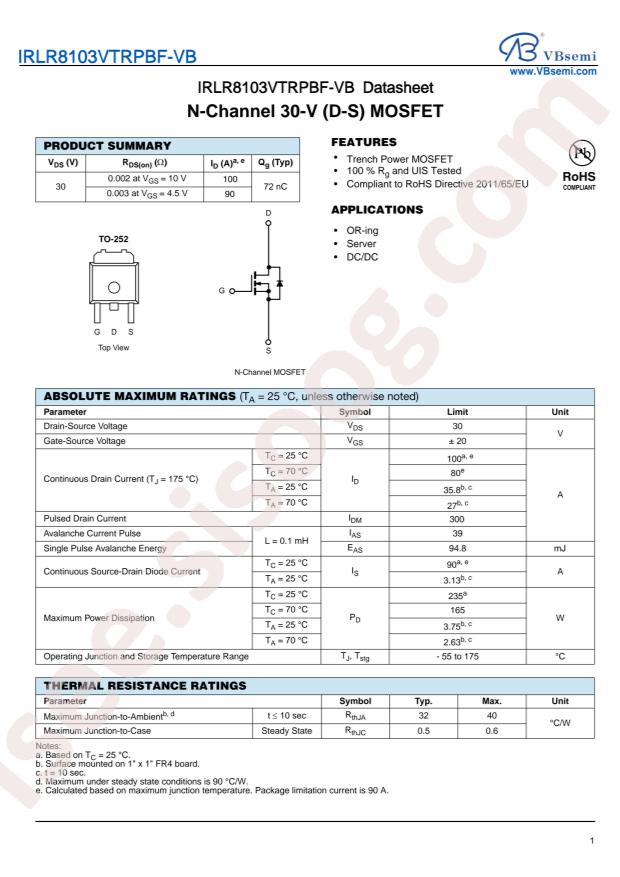 VBsemi Elec IRLR8103VTRPBF-VB