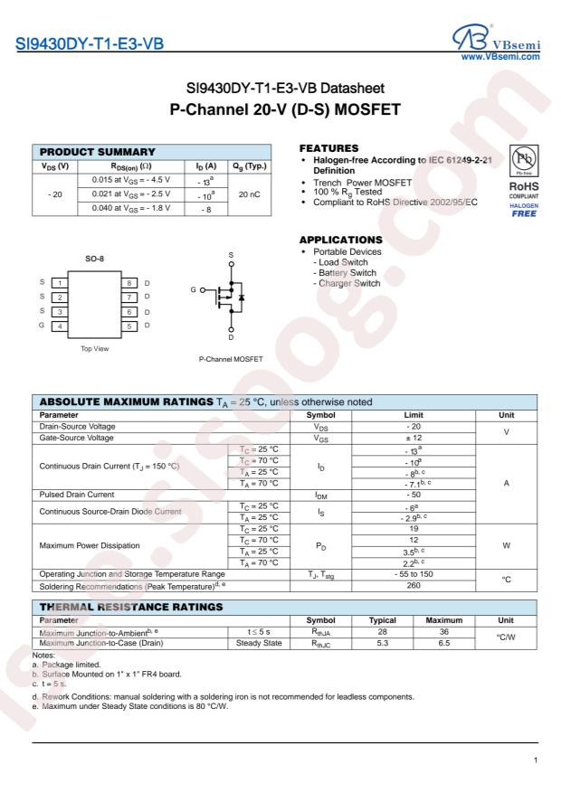 VBsemi Elec SI9430DY-T1-E3-VB