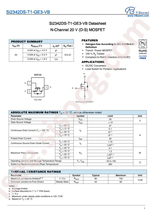 VBsemi Elec Si2342DS-T1-GE3-VB