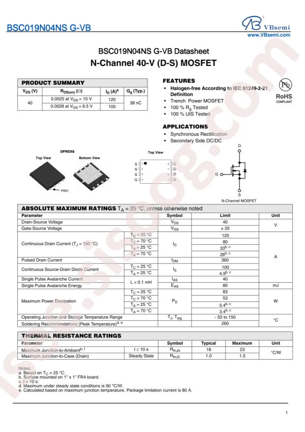 VBsemi Elec BSC019N04NS G-VB