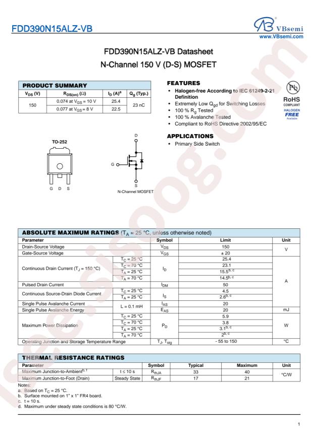 VBsemi Elec FDD390N15ALZ-VB